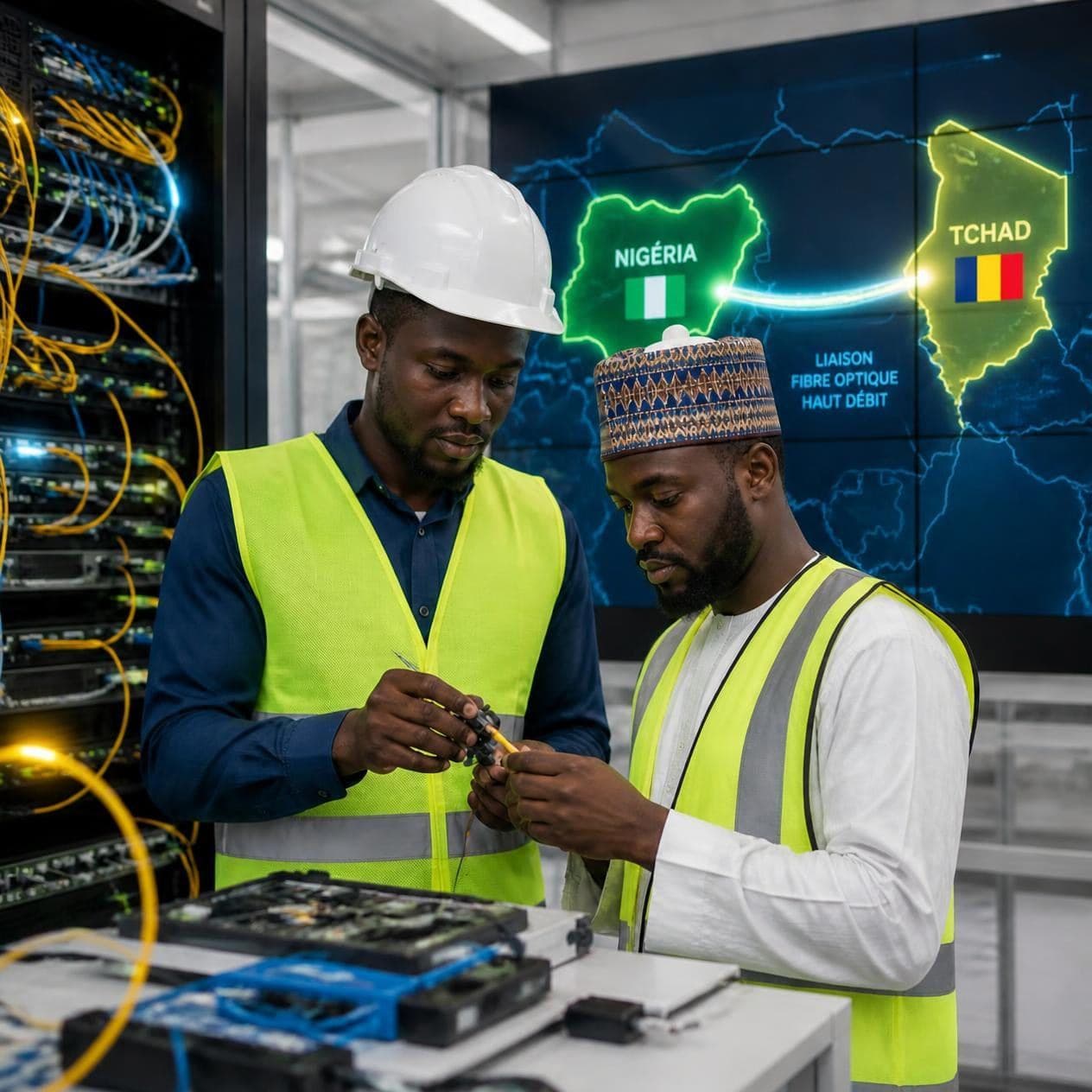 Techniciens travaillant sur une liaison de fibre optique entre le Tchad et le Nigeria